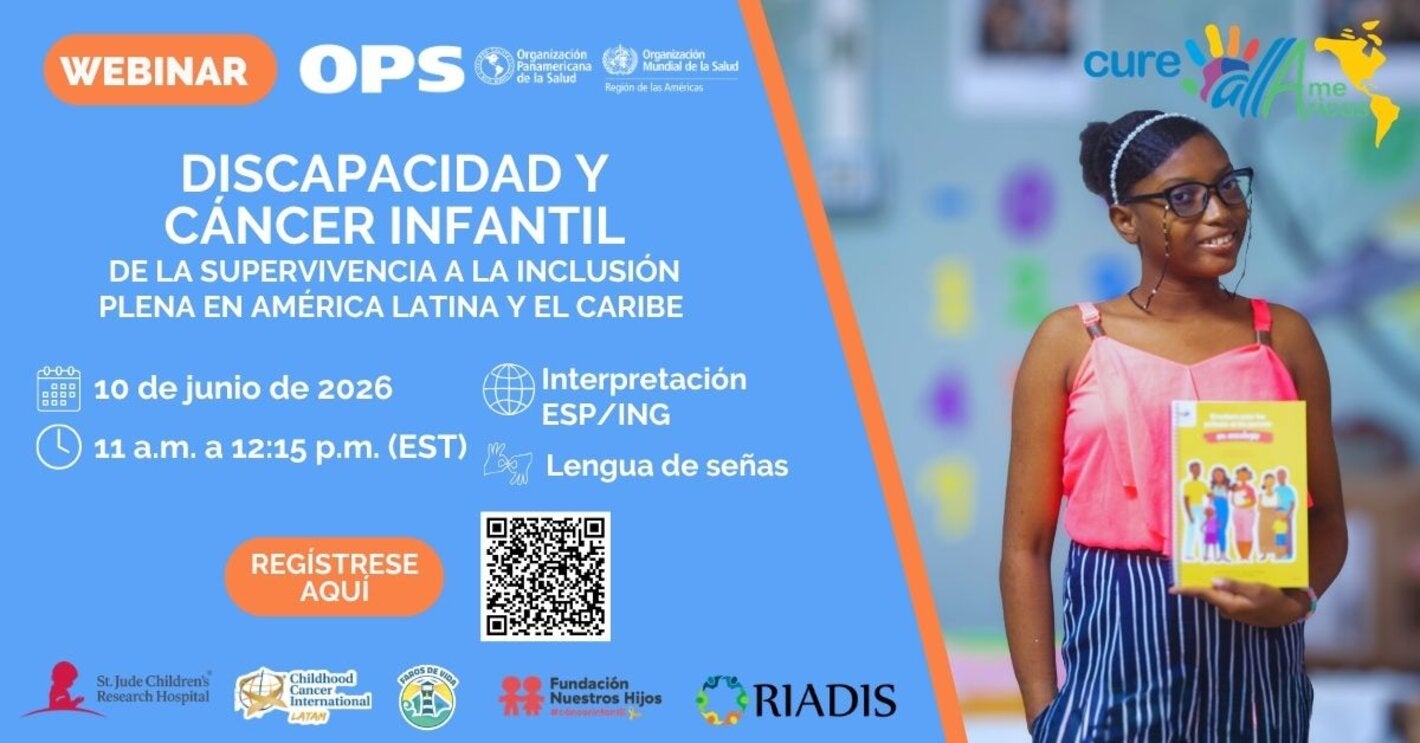 niña con un libro en la mano, junto a ella anuncio del webinar sobre discapacidad y cáncer infantil