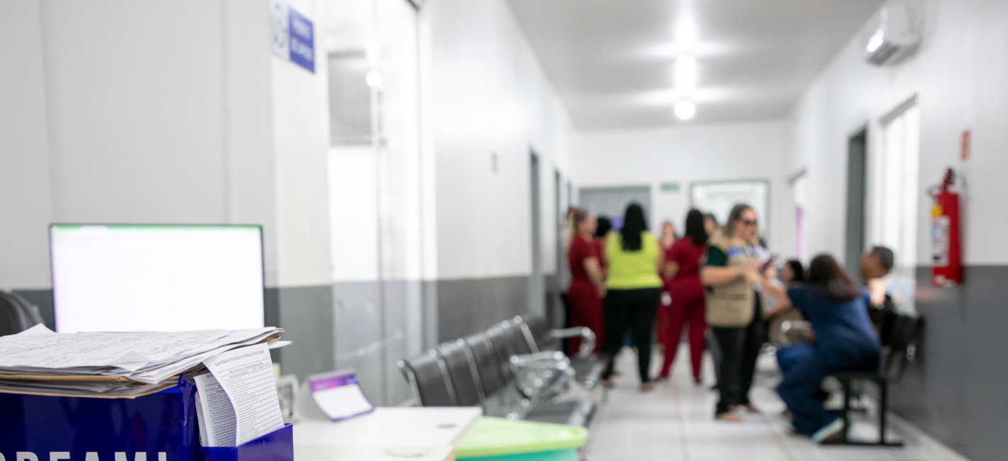 Health workers in a hospital waiting area