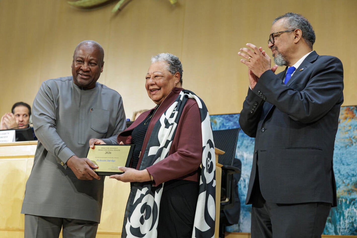 Dr Merceline Dahl-Regis receiving her award from President of the Republic of Ghana H.E. John Dramani Mahama and WHO Director-General Dr Tedros Adhanom Ghebreyesus.
