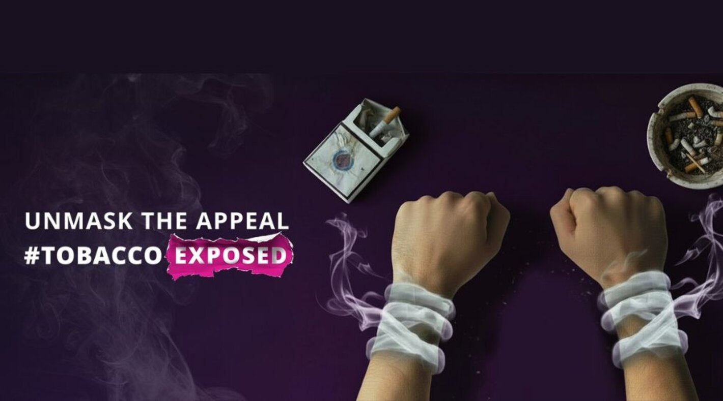 illustration of two hands tied with smoke on a dark purple background. The text "UNMASK THE APPEAL #TOBACCO EXPOSED  on the left 