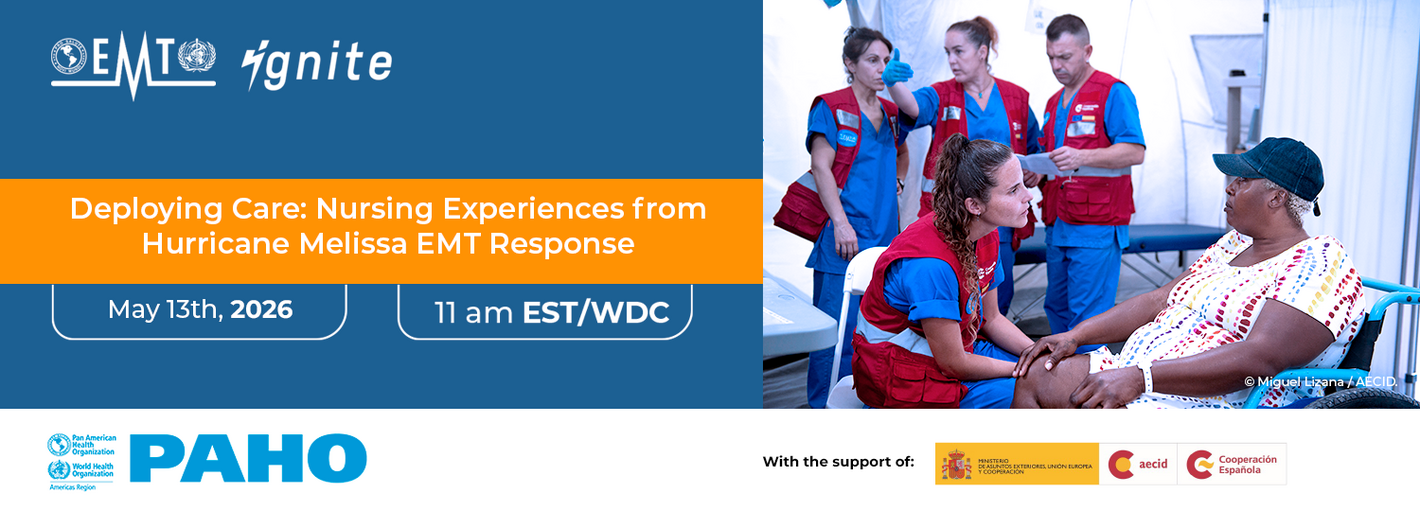 Banner for the ‘Deploying Care’ webinar about nursing experiences in EMT hurricane response, featuring medical staff assisting a patient.