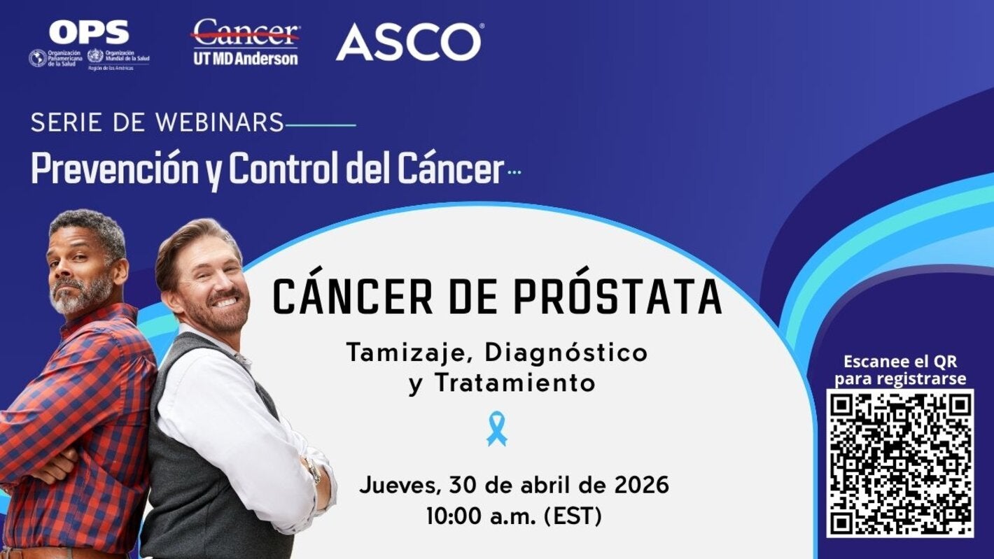 Imagen de dos hombres de mediana edad de brazos cruzados, sonriendo, uno de ellos es afrodesdendiente y el otro caucásico. Al fondo, la información del webinar sobre Cáncer de próstata: tamizaje, diagnóstico y tratamiento que se realiza el 30 de abril