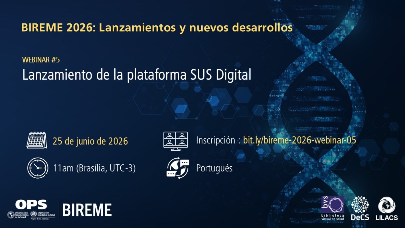 Banner del Seminario Web #5 de la serie “BIREME 2026: Lanzamientos y nuevos desarrollos”, con el título “Lanzamiento de la Plataforma SUS Digital”. Informa la fecha (25 de junio de 2026), la hora (11:00 h, UTC-3), el idioma (portugués) y el enlace de inscripción: bit.ly/bireme-2026-webinar-05. Fondo azul oscuro con elementos digitales, logotipos institucionales e imagen estilizada de ADN.