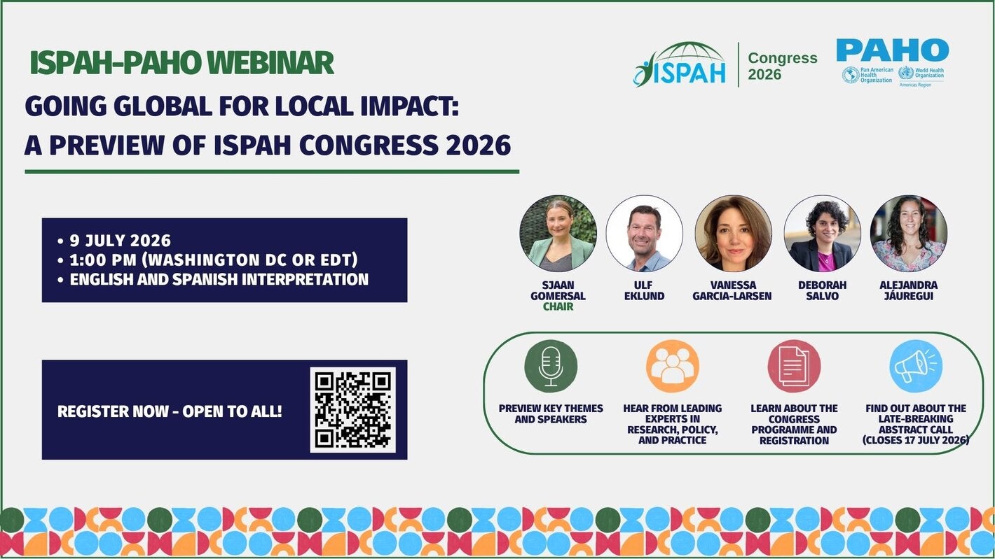 Banner promoting the ISPAH–PAHO webinar on ISPAH Congress 2026. Registration open to all.