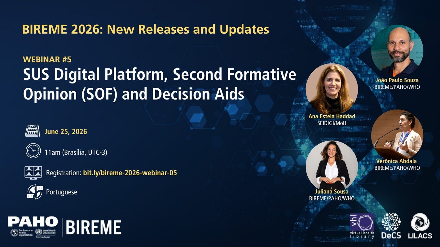 Banner for Webinar #5 of the series “BIREME 2026: New Releases and Updates”, titled “Launch of the SUS Digital Platform”. Displays the date (June 25, 2026), time (11:00 AM, UTC-3), language (Portuguese), and registration link: bit.ly/bireme-2026-webinar-05. Dark blue background with digital elements, institutional logos, and a stylized DNA image.