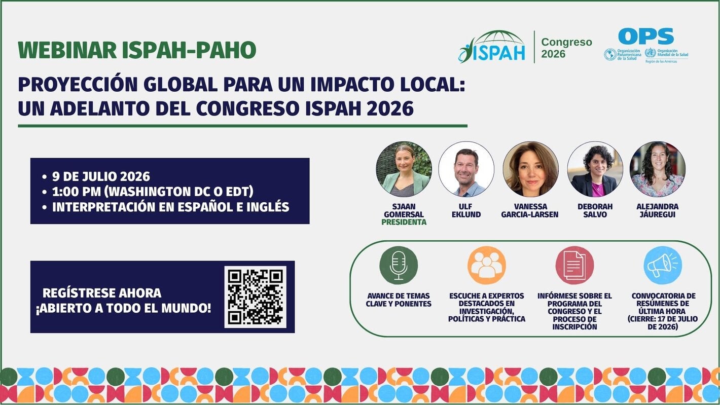Banner promocional del seminario web de ISPAH y la OPS sobre el Congreso ISPAH 2026. Inscripción abierta a todo el público.