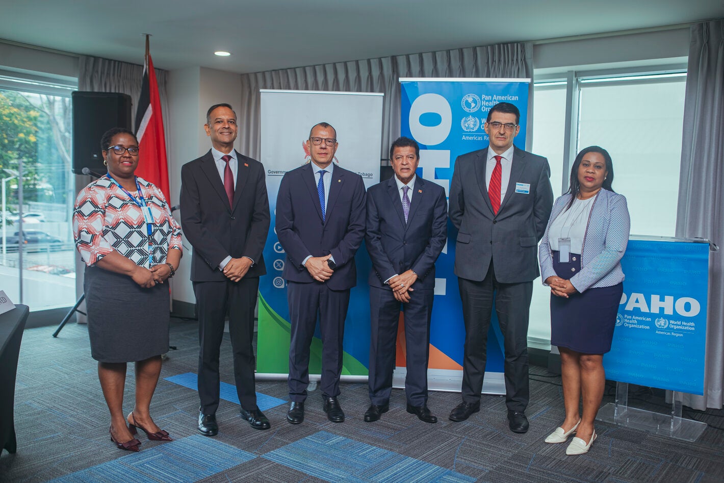 Minister of Health Honourable Dr. Lackram Bodoe, Minister in the Ministry of Health, Dr. Rishad Seecheran, PAHO/WHO Trinidad and Tobago Country Office, Dr. Gabriel Vivas Francesconi, Permanent Secretary Ministry of Health, Ms. Erica Fortune, Mr. Juan Carlos Rico, Advisor on Public Health Data Engineering, Information Systems and Digital Health Unit, EIH and Dr. Shellon Bovell, Advisor Health Systems and Services, PAHO/WHO Trinidad and Tobago Country Office.