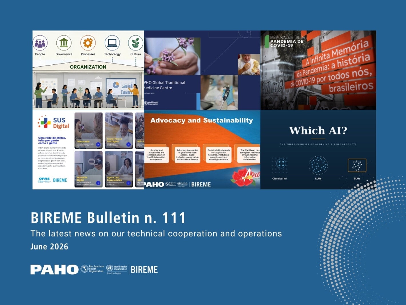 Cover of BIREME Bulletin No. 111, featuring the latest news on BIREME's technical cooperation and operations for June 2026.