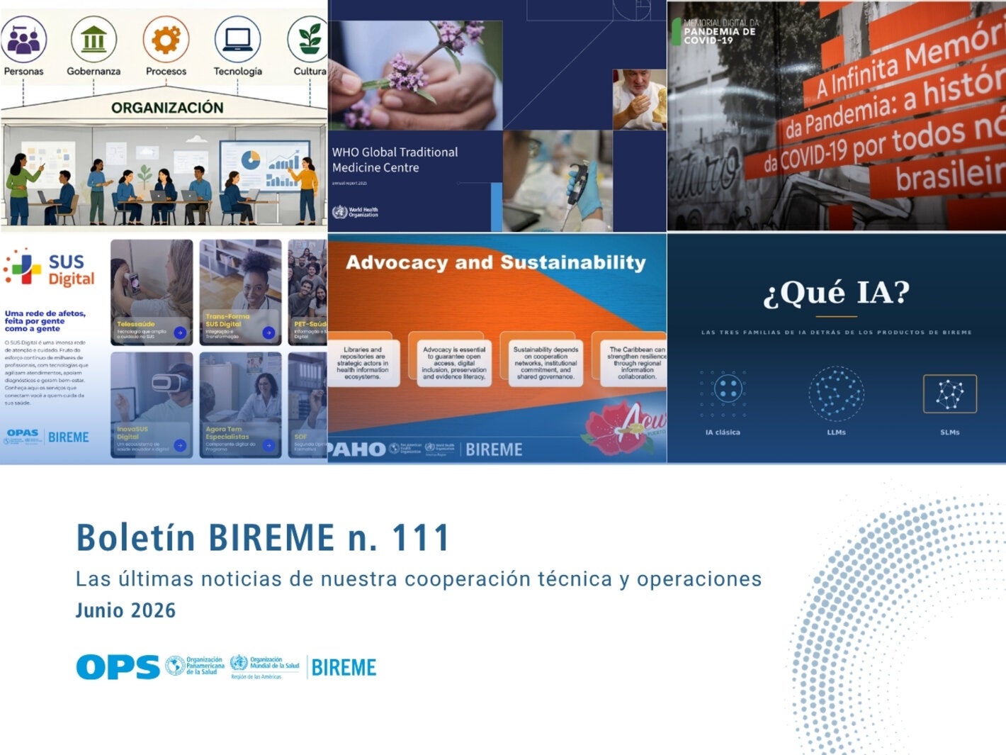 Portada de la edición n.º 111 del Boletín BIREME, con las principales noticias de la cooperación técnica y de las operaciones de BIREME de junio de 2026.