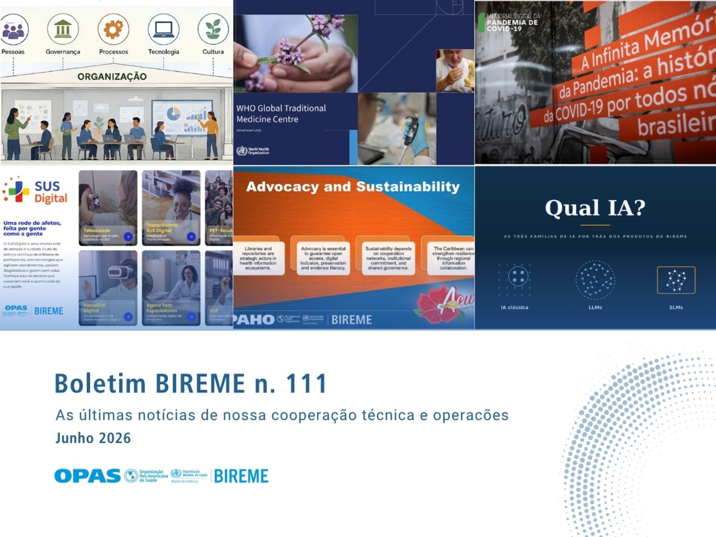 Capa da edição nº 111 do Boletim BIREME, com as principais notícias da cooperação técnica e das operações da BIREME em junho de 2026.