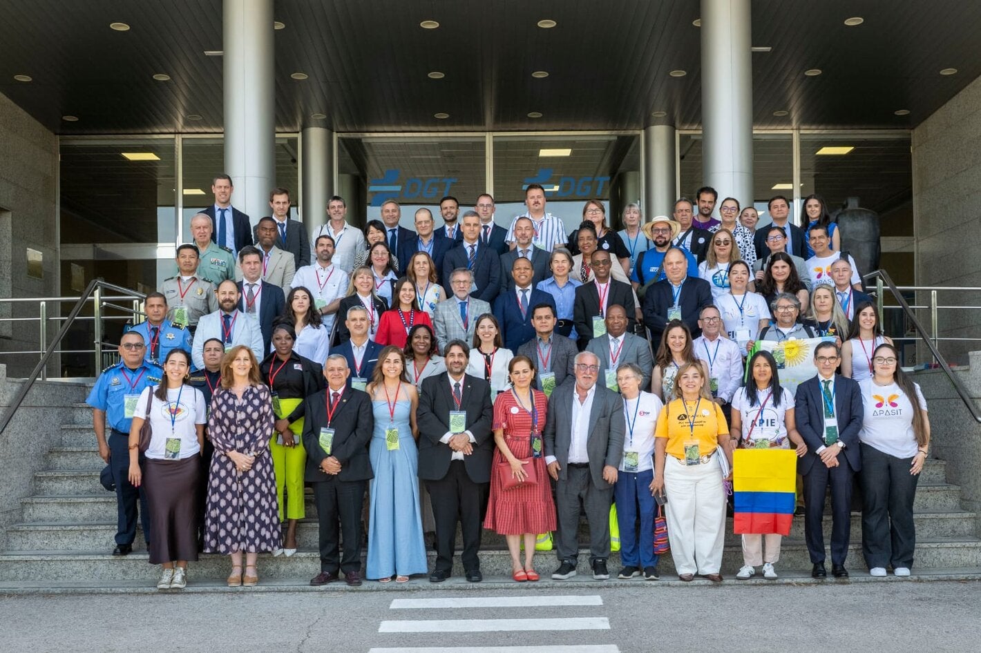 Participants in the OISEVI meeting pose for a group photo on the steps outside the headquarters of Spain’s Directorate-General for Traffic (DGT) in Madrid.