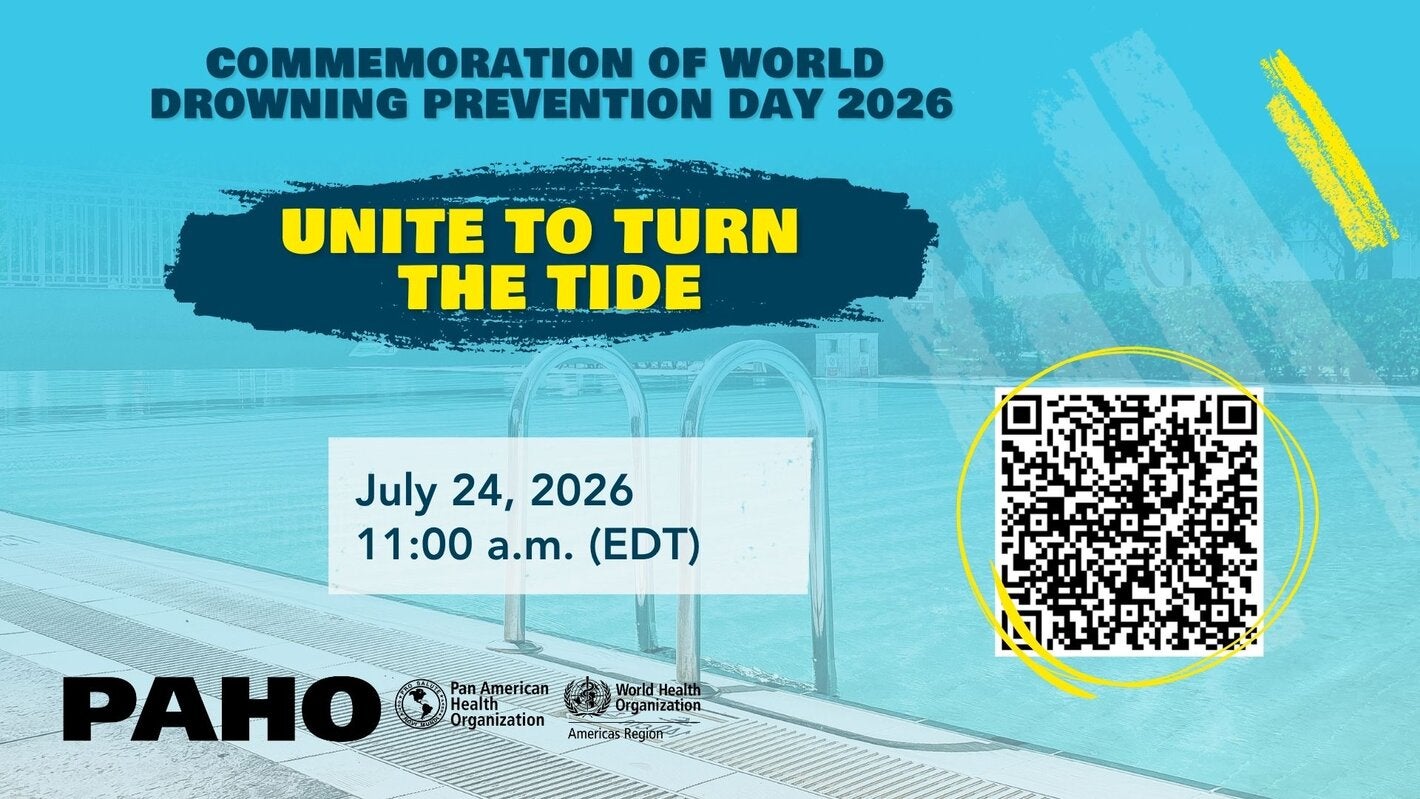 Promotional graphic for a PAHO/WHO webinar on World Drowning Prevention Day 2026, featuring a swimming pool, the slogan “Unite to Turn the Tide,” the date and time (July 24, 2026, 11:00 a.m. EDT), and a QR code for registration.