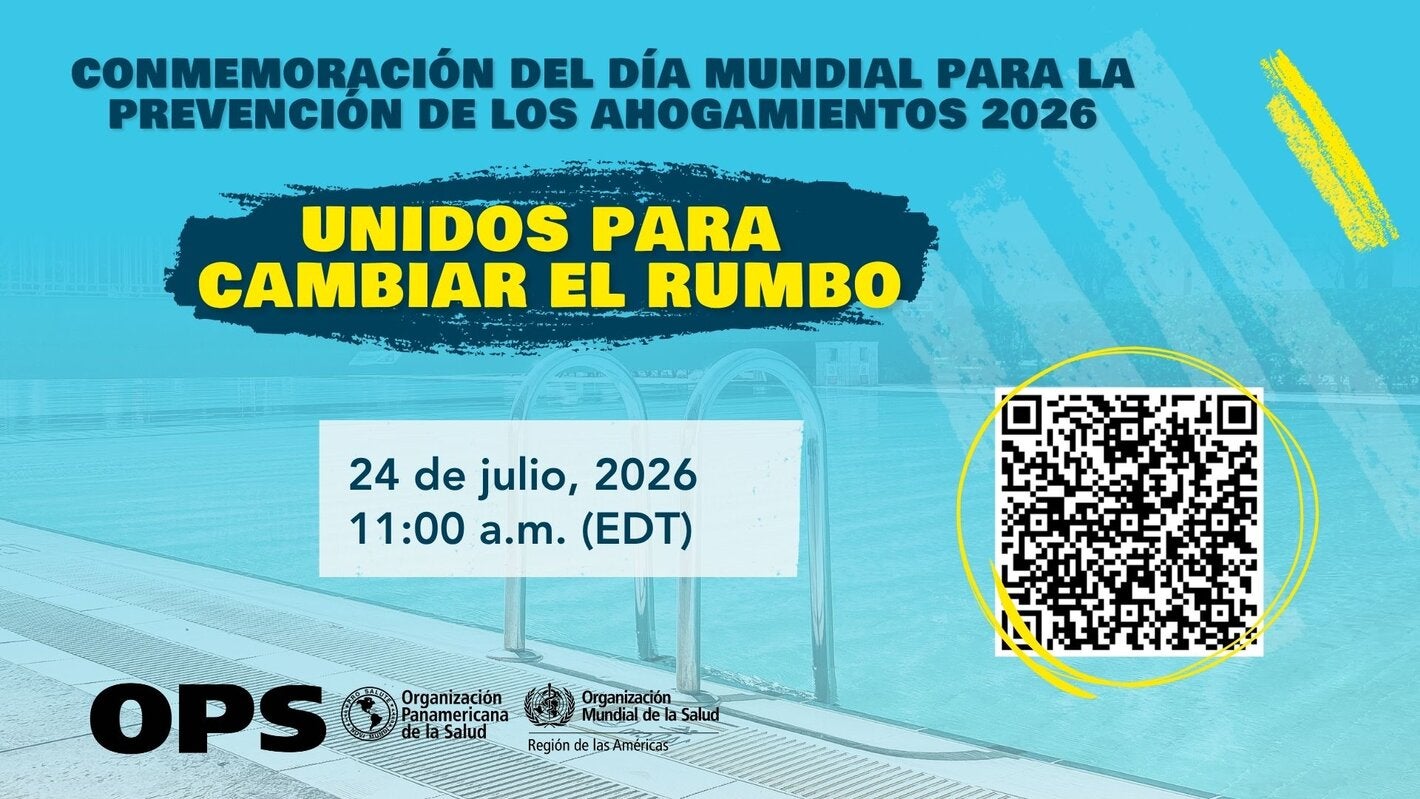Gráfico promocional de un seminario web de la OPS/OMS por el Día Mundial para la Prevención de los Ahogamientos 2026, con una piscina, el lema “Unidos para cambiar el rumbo”, la fecha y hora del evento (24 de julio de 2026, 11:00 a. m. EDT) y un código QR para inscripción.