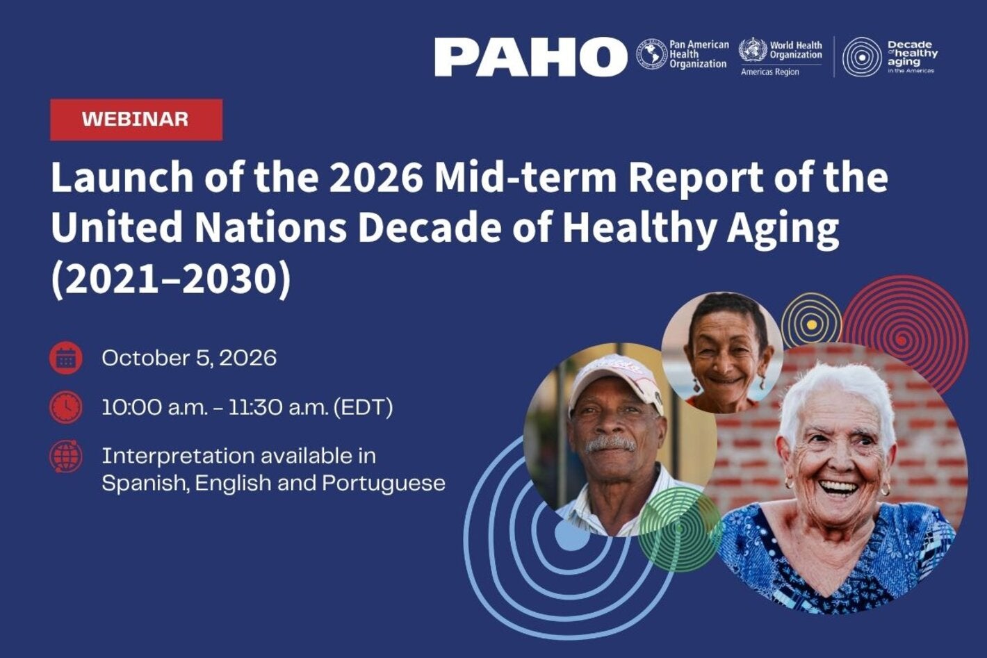Webinar flyer for the 2026 Mid-term Report on the UN Decade of Healthy Aging, with event details, organization logos, and photos of older adults smiling