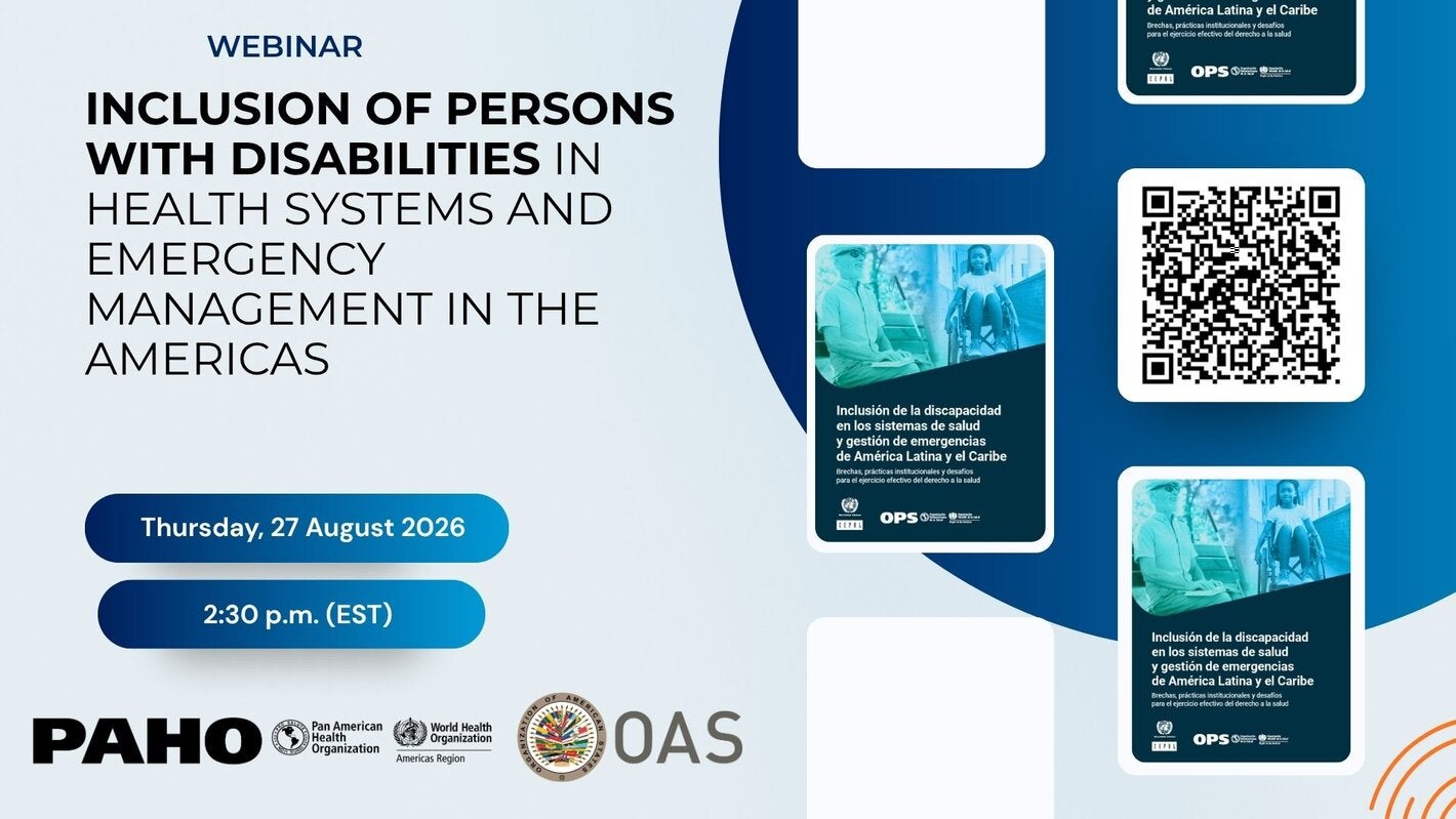 PAHO/OAS webinar banner on disability inclusion in health systems and emergency management in the Americas.