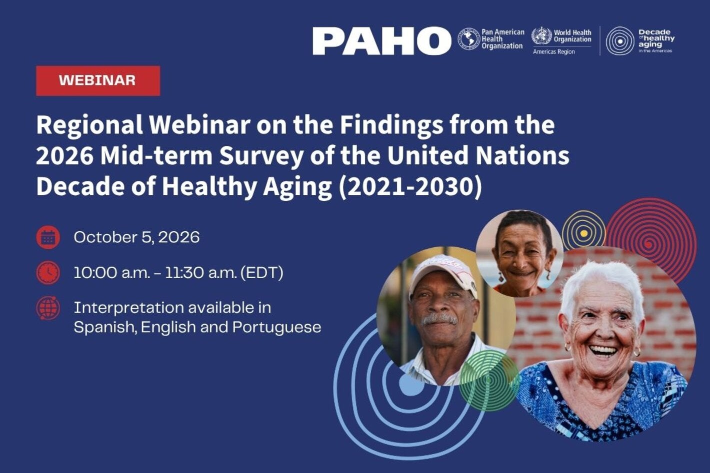 Card for the Regional Webinar on the Findings from the 2026 Mid-term Survey of the United Nations Decade of Healthy Aging (2021-2030) showing older persons smiling