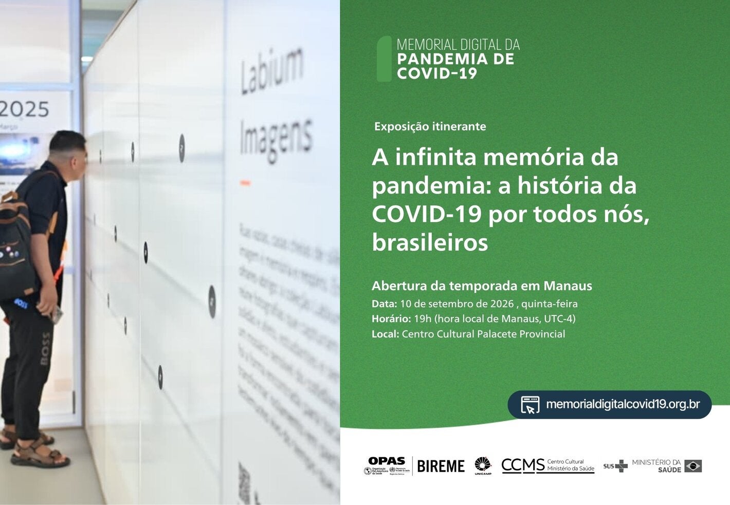 Divulgação da exposição itinerante “A infinita memória da pandemia”, com um visitante diante de uma instalação e informações sobre a abertura em Manaus, em 10 de setembro, às 19h.
