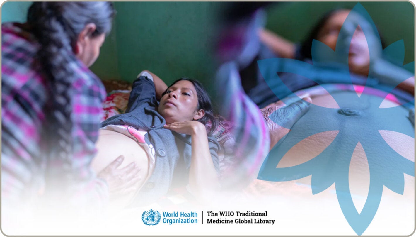 Photo montage of a pregnant woman receiving support from a traditional midwife, with the WHO Traditional Medicine Global Library logo.