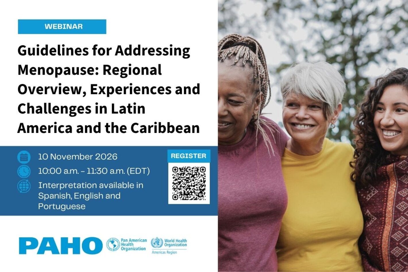 Webinar flyer including 3 women of different ages to represent menopause