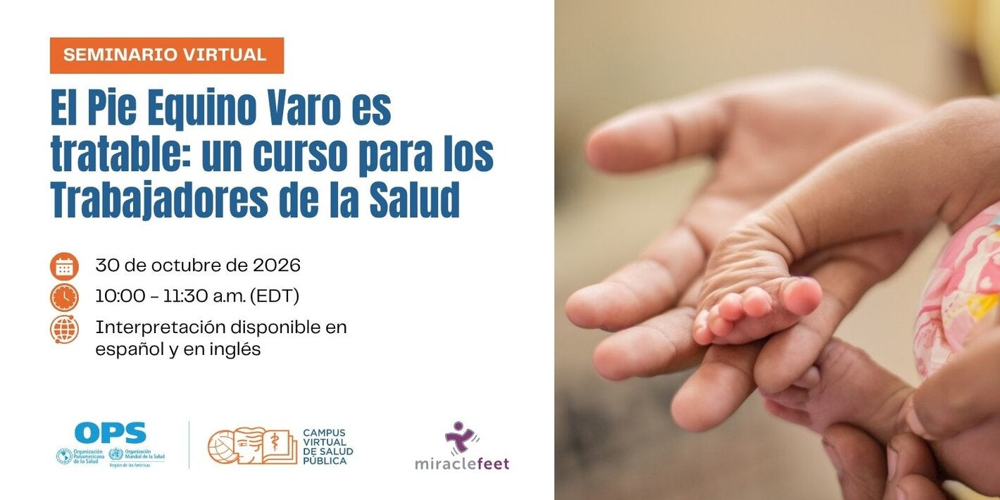 club foot flyer for webinar virtual course launch, showing baby clubfoot and healthcare workers hand