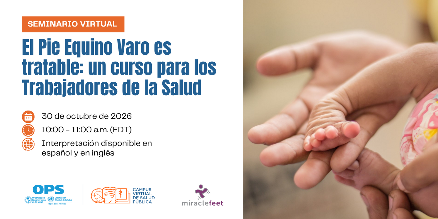 club foot flyer for webinar virtual course launch, showing baby clubfoot and healthcare workers hand