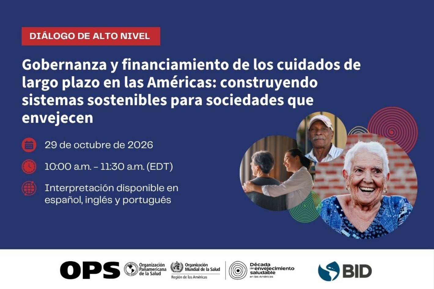 webinar flyer for upcoming event on Governance and Financing of Long-Term Care in the Americas: Building Sustainable Systems for Aging Societies, showing older persons with spirals behind them