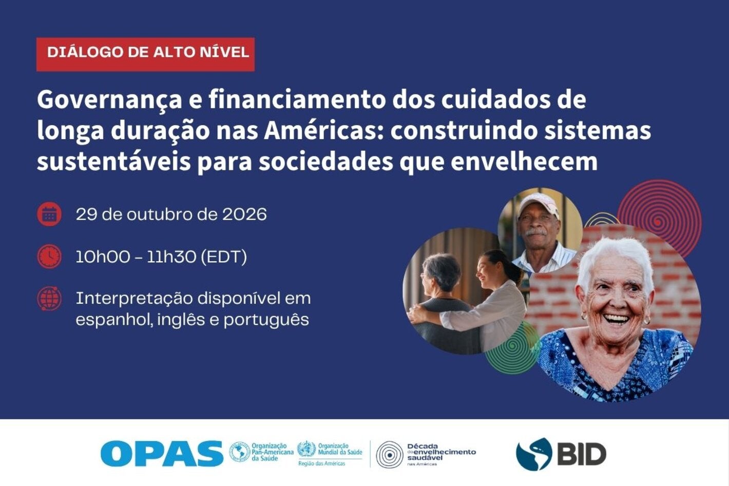 webinar flyer for upcoming event on Governance and Financing of Long-Term Care in the Americas: Building Sustainable Systems for Aging Societies, showing older persons with spirals behind them