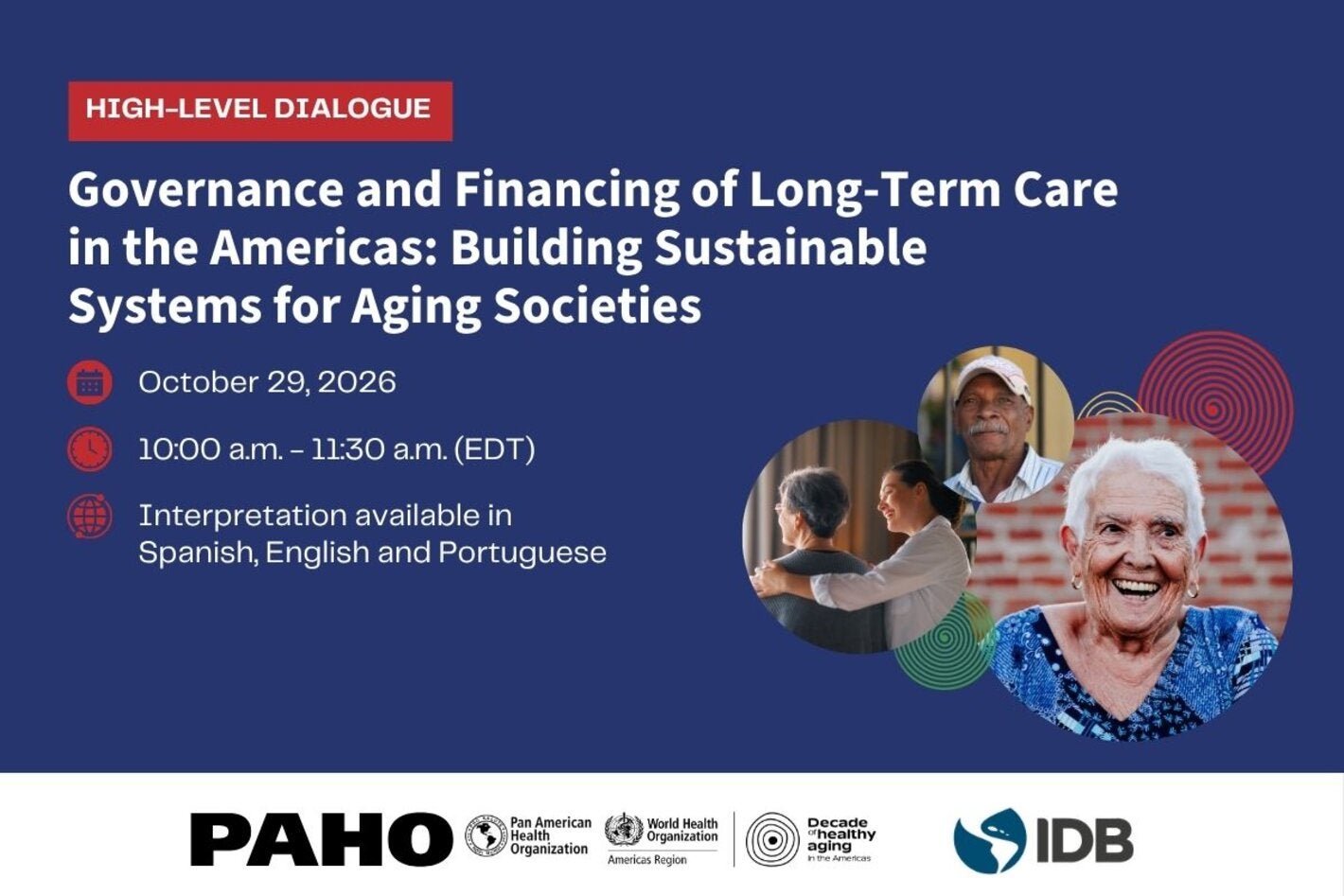 webinar flyer for upcoming event on Governance and Financing of Long-Term Care in the Americas: Building Sustainable Systems for Aging Societies, showing older persons with spirals behind them
