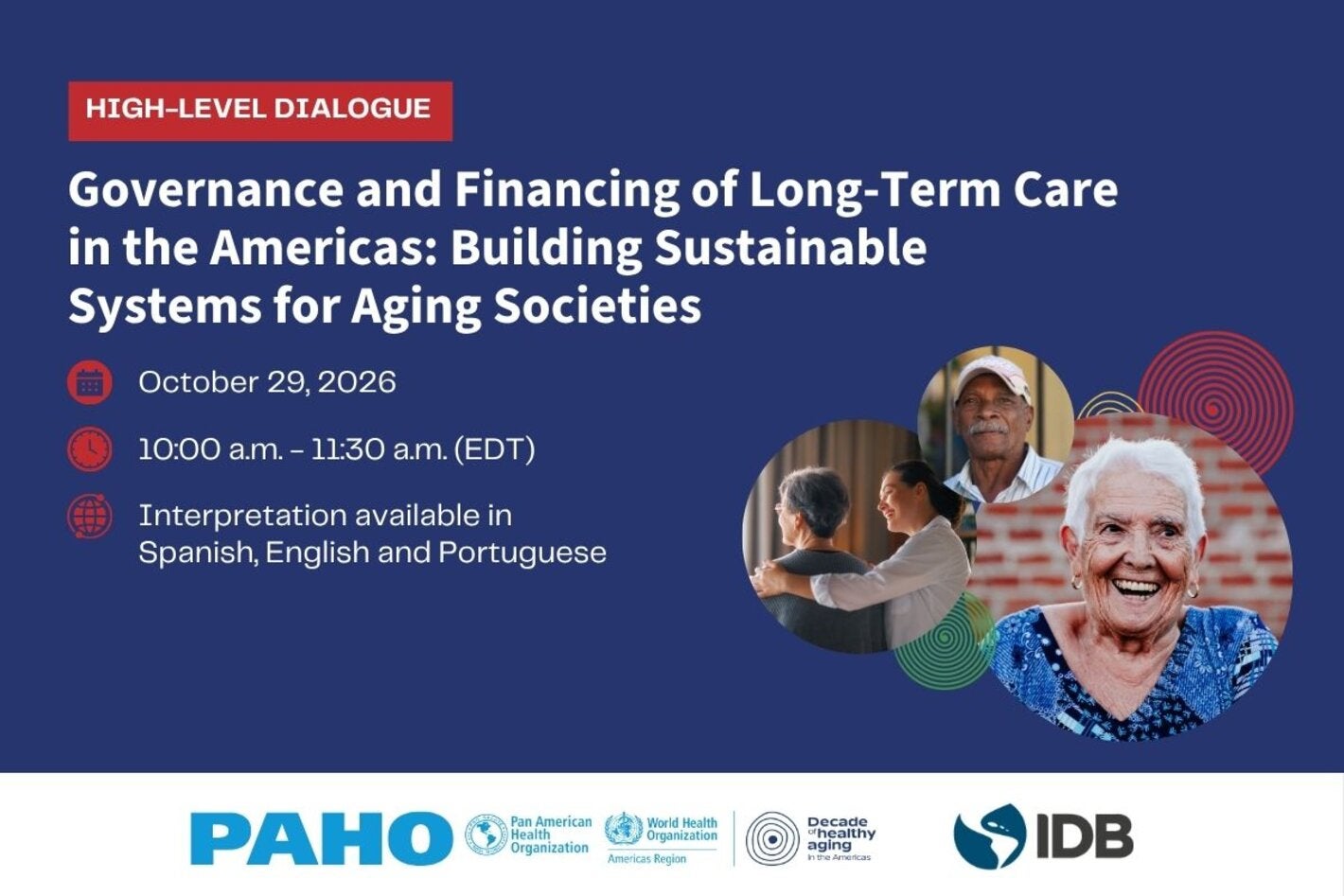 webinar flyer for upcoming event on Governance and Financing of Long-Term Care in the Americas: Building Sustainable Systems for Aging Societies, showing older persons with spirals behind them
