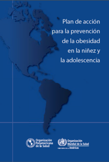 Portada del Plan de Acción para la Prevención de la obesidad en la niñez y la adolescencia, en letras blancas sobre fondo azul oscuro