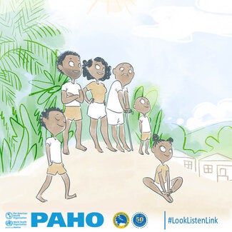Image shows a family comprised of a young couple, an older adult holding a cane, and three children of different ages, including two boys and a girl. The family is standing on the sand and there are palm trees and houses in the background. The sky is blue, and the sun is shining. All members of the family are smiling, and look calm, connected and relaxed. The bottom of the image depicts the logos of the Pan American Health Organization (PAHO) and the Caribbean Development Bank (CDB), as well as the hashtag 