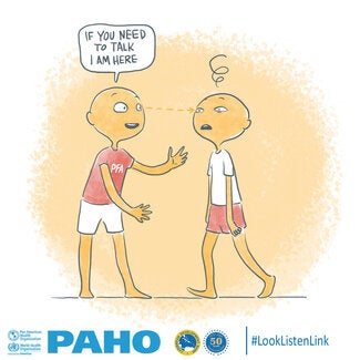 Image shows the Psychological First Aid or PFA helper standing in front of a person who looks stressed and disoriented. The PFA helper has a calm expression, is looking at the person into the eye, and offering help by saying “If you need to talk, I am here”. The PFA helper is wearing a red top with PFA written non it and white shorts; the person he is helping is wearing a white shirt and red shorts. They are standing against an orange background. The bottom of the image depicts the logos of the Pan American