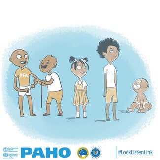 From left to right, the image shows the psychological first aid or PFA helper and an older male adult using a cane and holding the PFA helper’s arm. It also includes a school-aged girl wearing a dress, an adolescent boy wearing a white top and brown shorts, and a baby-boy in diapers. They are all standing against a blue background, except for the baby-boy who is sitting, and have smiling faces. The bottom of the image depicts the logos of the Pan American Health Organization (PAHO) and the Caribbean Develop