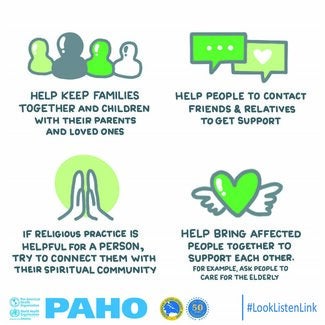 The image shows four illustrations with text messages below them. On the top left corner, the illustration depicts four grey, green and white bust figures and the message below reads “Help keep families together and children with their parents and loved ones”. On the right top corner, the illustration shows two square speech bubbles with a green background in two different shades of green. One of the bubbles contains 3 white periods, and the other a white heart. The text below reads “Help people to contact 
