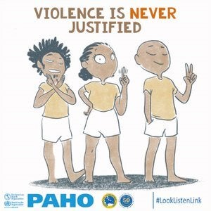 The title of the image at the top reads “Violence is never justified” in brown capital letters, with never highlighted in orange. The illustration shows from left to right, a young man with an afro and his arms crossed; a young women with her hair pulled back and looking at the reader who is shaking her finger; and a second young man, bold or shaved, with his eyes closed and smiling, and doing the peace sign with his left hand. The three are standing against a white background and wearing yellow tops and wh