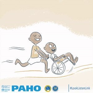 The image is showing the psychological first aid or PFA helper pushing a young man in a wheelchair. The PFA helper has a big smile and seems to be pushing effortlessly and going fast. The person in the wheelchair is looking at the PFA helper. The bottom of the image depicts the logos of the Pan American Health Organization (PAHO) and the Caribbean Development Bank (CDB), as well as the hashtag #LookListenLink. 