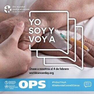 Foto de las manos de una persona anciana, una de ellas con una vía intravenosa. La otra mano es sostenida por la mano de una persona más joven