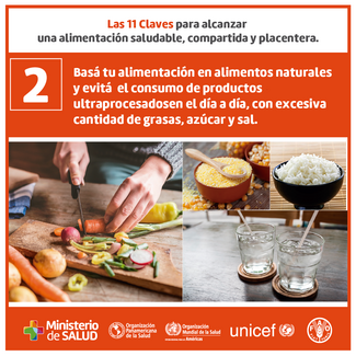 Clave 2. Basá tu alimentación en alimentos naturales y evitá el consumo de productos ultraprocesados en el día a día, con excesiva cantidad de grasas, azúcar y sal.