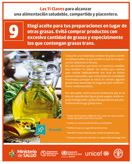 Clave 9. Elegí aceite para tus preparaciones en lugar de otras grasas. Evitá comprar productos con excesiva cantidad de grasas y especialmente los que contengan grasas trans.