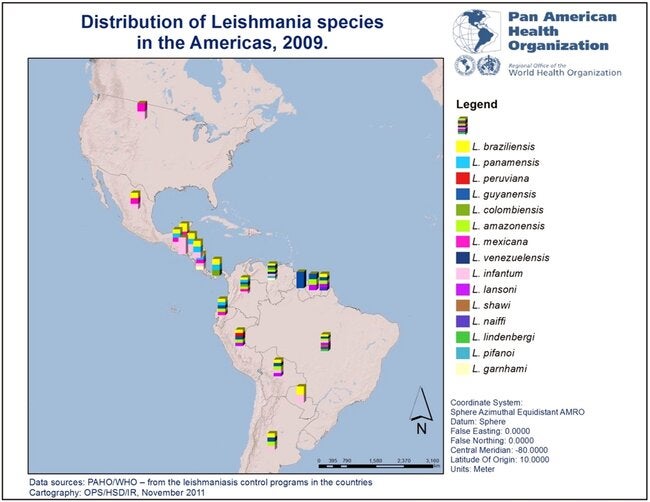 Distribution of Leishmania in the Americas; 2009 - PAHO/WHO | Pan ...