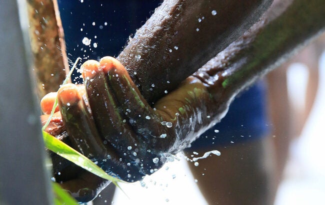 Hombre haitiano se lava las manos
