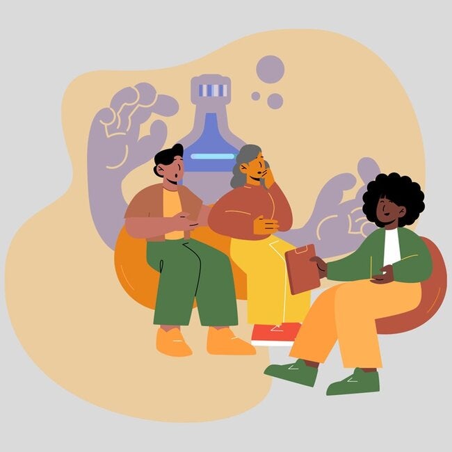 Illustration of three human figures seated talking, with the menace of a giant bottle and hands to grab them in the background