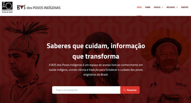 Screenshot of the Indigenous Peoples VHL homepage, featuring photographs of three Indigenous people and a search field.