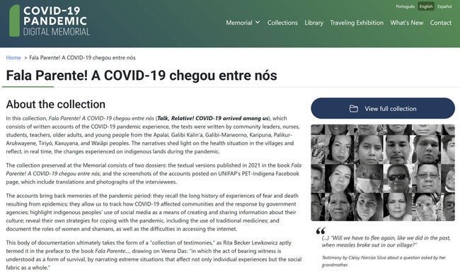 Screenshot of the “Fala parente! A COVID-19 chegou entre nós” collection in the COVID-19 Pandemic Digital Memorial, featuring a mosaic of portraits.