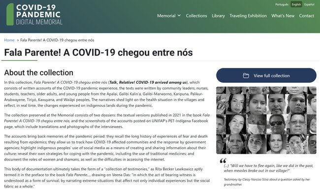 "Captura de pantalla de la colección "Fala parente! A COVID-19 chegou entre nós", del Memorial Digital de la Pandemia de COVID-19, con un mosaico de retratos."