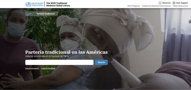 Screenshot of the “Traditional Midwifery in the Americas” thematic page of the WHO Traditional Medicine Global Library, featuring women assisting with a birth.