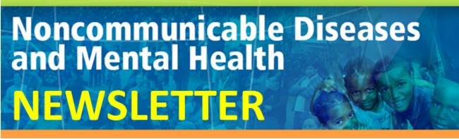 horizontal banner with a background of people doing healthy actions in blue tones and the words "Noncommunicable diseases and Mental Health Newsletter"