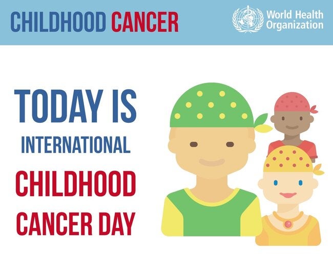 Illustration showing three children with different ethnic groups, wearing headscarves, as a sign of being cancer patients. Next to them, the text "Today is the international day of childhood cancer"