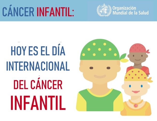 Ilustración que muestra tres niños con de diferentes grupos étnicos, con pañuelos en la cabeza, en señal de ser pacientes oncológicos. Junto a ellos, el texto "Hoy es el día internacional del cáncer infantil"