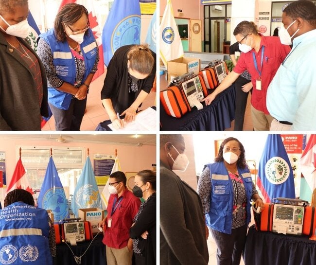 Collage of the defibrillators handover to the KHMHA from PAHO/WHO Belize and the Government of Canada